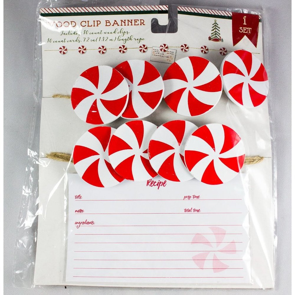 Horizon Group Peppermint Wood Clip Banner with Recipe Cards 10 Clips/Cards NEW